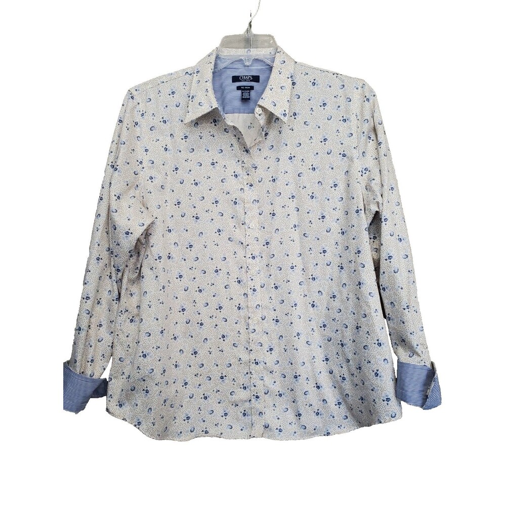 Chaps No Iron Cotton Off-White Floral Dotted Flip-Cuff Button-Up Top Size XXL